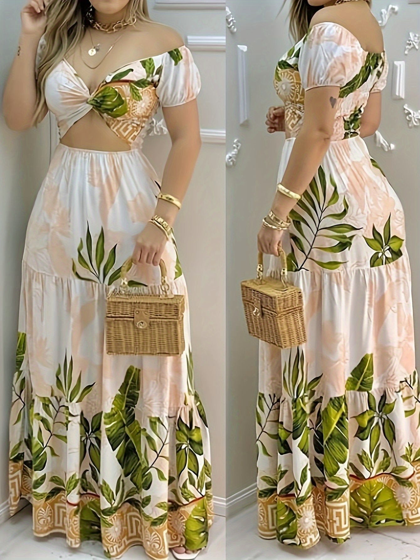 Women'S Elegant Off-Shoulder Floral Maxi Dress - V-Neck, Slim Fit, Long Sleeve, Lightweight Polyester, Perfect for Summer Vacation, Parties, and Casual Outings, Summer Dresses