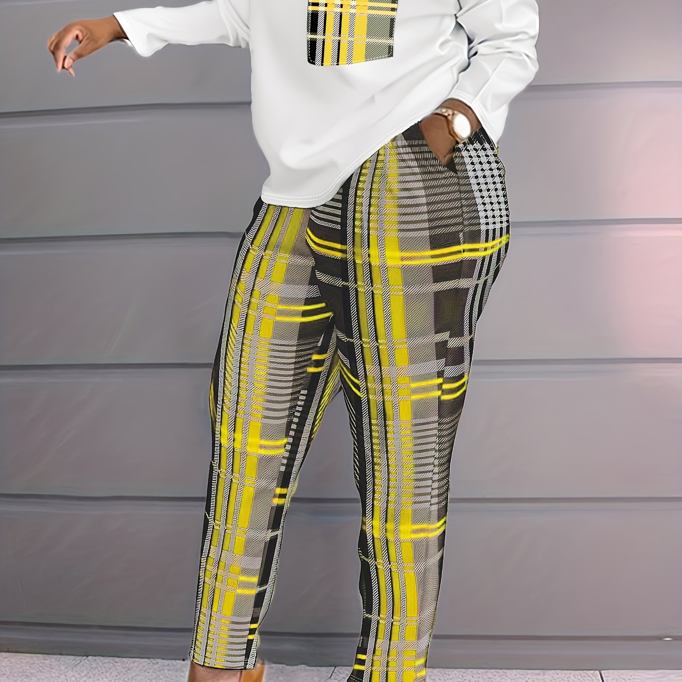 Plus Size Casual Outfits Set, Women's Plus Plaid Print Long Sleeve Round Neck Top & Pocketed Pants Outfits Two Piece Set