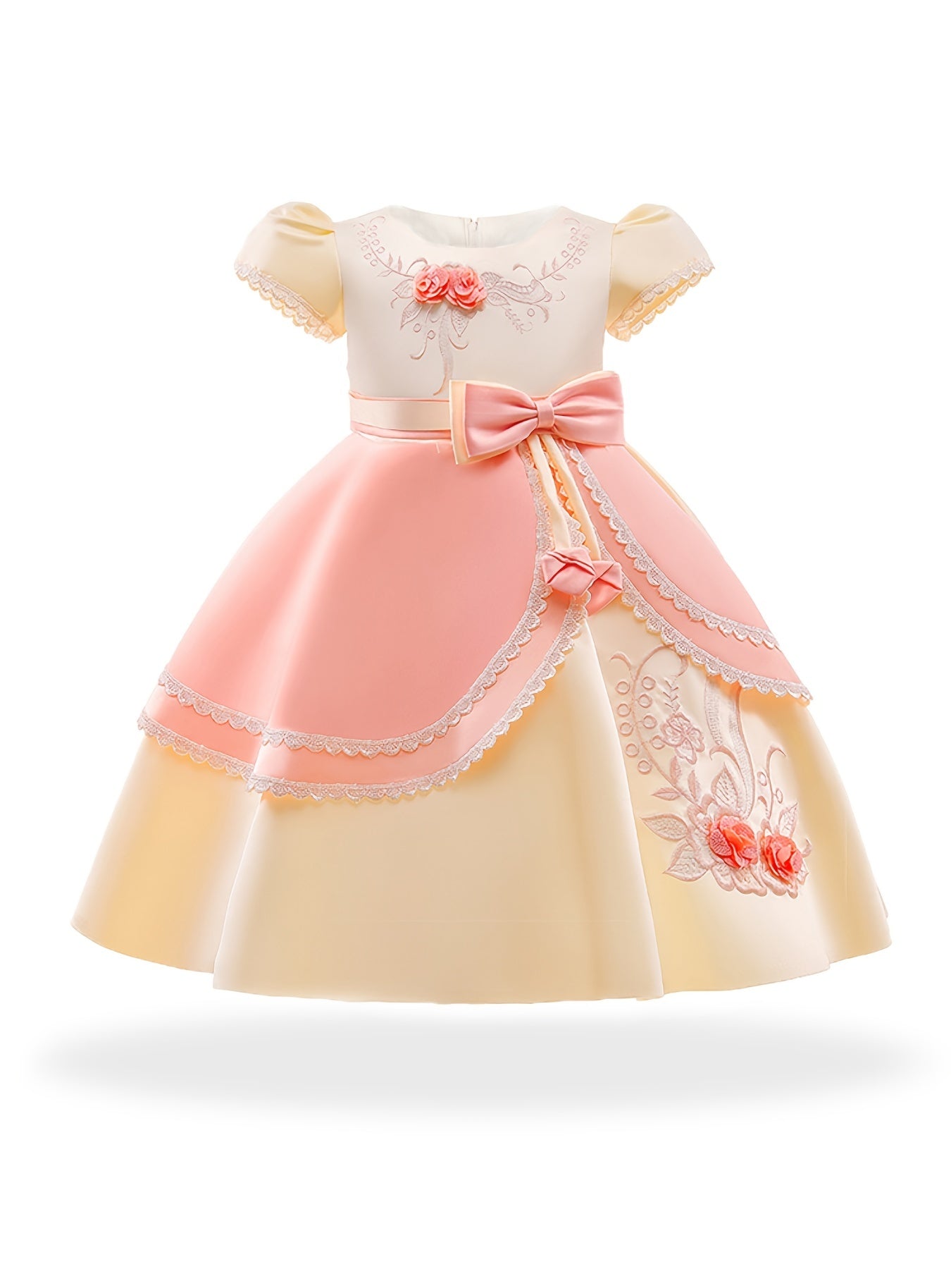Girls Princess Dress Short Sleeve Embroidered Flower Bow Lace Dress Performance Dress Wedding Flower Girls For Evening Birthday Party Kids Clothes