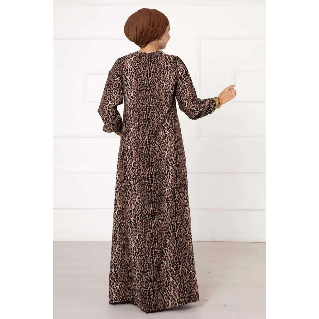Customizable Leopard Patterned Viscose Dress-One Size Puff Sleeve Party Style Floor-Length Knee-Length Options Featuring Ruffles