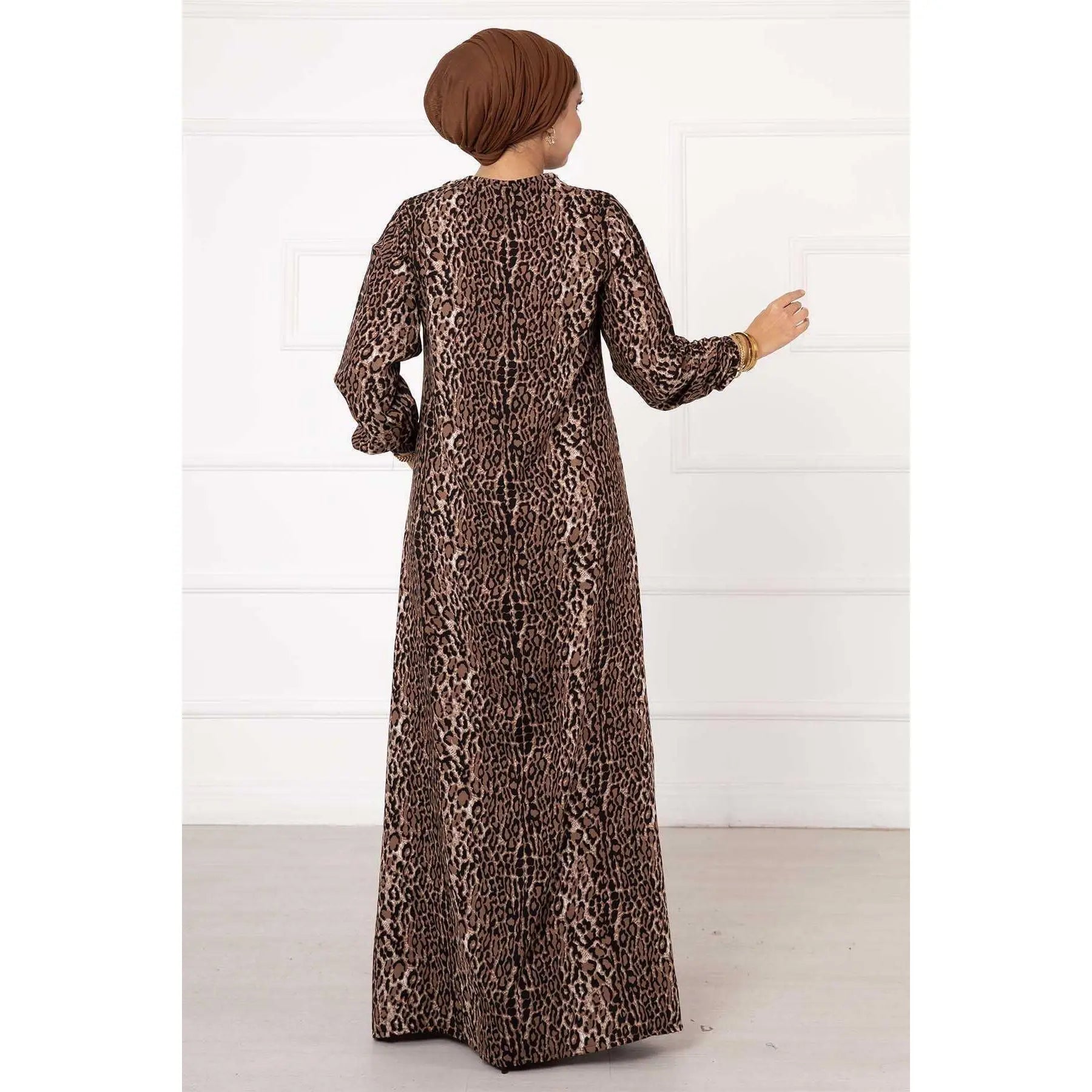 Customizable Leopard Patterned Viscose Dress-One Size Puff Sleeve Party Style Floor-Length Knee-Length Options Featuring Ruffles