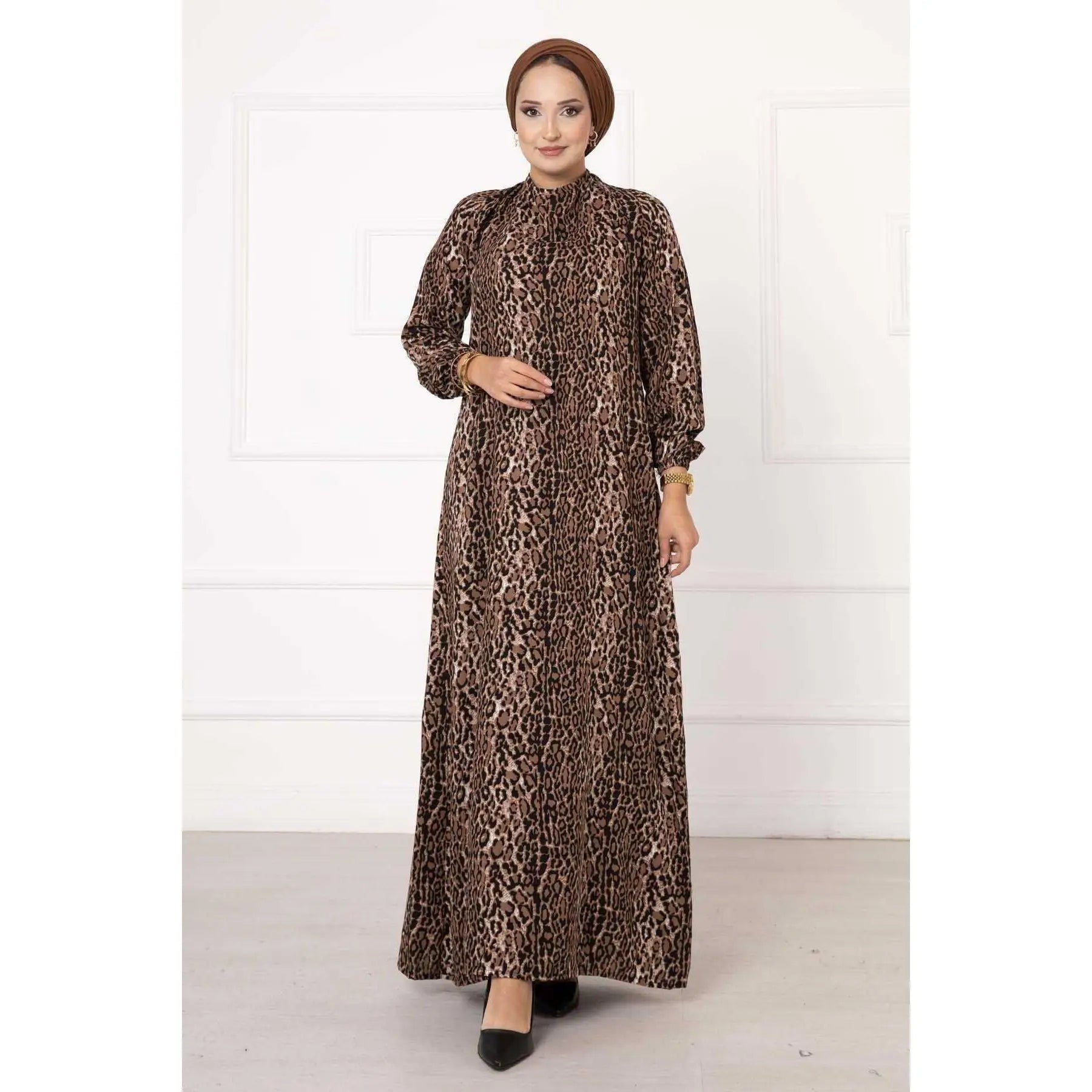 Customizable Leopard Patterned Viscose Dress-One Size Puff Sleeve Party Style Floor-Length Knee-Length Options Featuring Ruffles