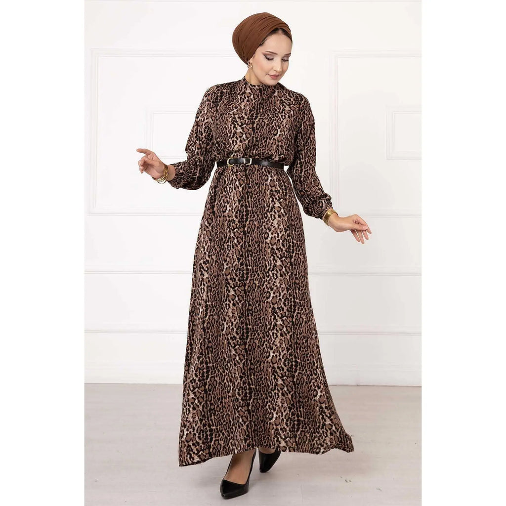 Customizable Leopard Patterned Viscose Dress-One Size Puff Sleeve Party Style Floor-Length Knee-Length Options Featuring Ruffles