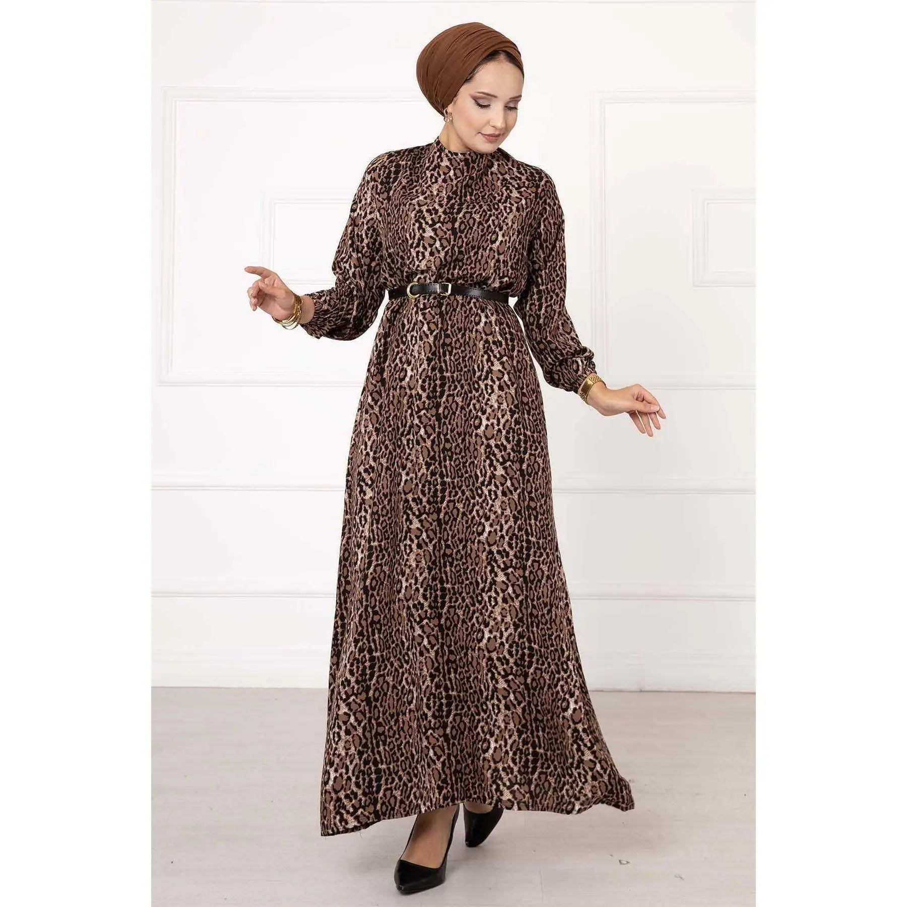 Customizable Leopard Patterned Viscose Dress-One Size Puff Sleeve Party Style Floor-Length Knee-Length Options Featuring Ruffles