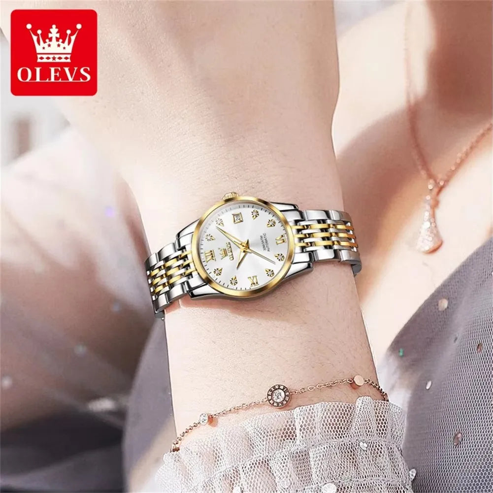 OLEVS 6673 Diamond Dial Mechanical Watch for Women Simple Fashion Classic Calendar Women's Automatic Watch Ladies Watch