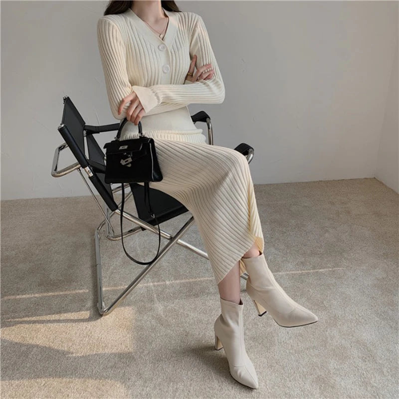 Knitted Long Sleeve Dress Women 2021 Slim Bodycon Autumn Korean Elegant Fall Winter Button V Neck Sweater Midi Ribbed Dress C216