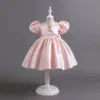 Baby Kids Girls Birthday Wedding Dress Princess Bubble Sleeve Pearl Satin Dress Pageant Baptism Cake Smash Photoshoot Gown