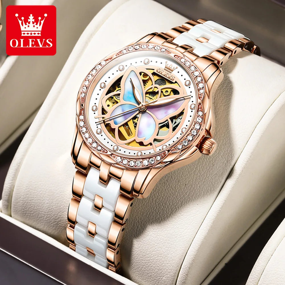 OLEVS  6615 Mechanical for Women Ceramic Blue Strap Original Wristwatch Skeleton Automatic Diamond Elegant Ladies Watch