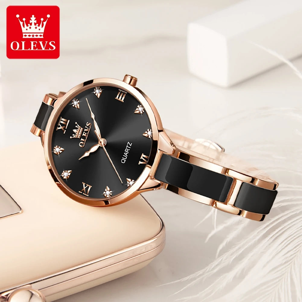 OLEVS 5872 Ceramic Watch Luxury Women Watches Quartz Ladies Watch Waterproof Rose Gold Stainless Steel Wristwatch