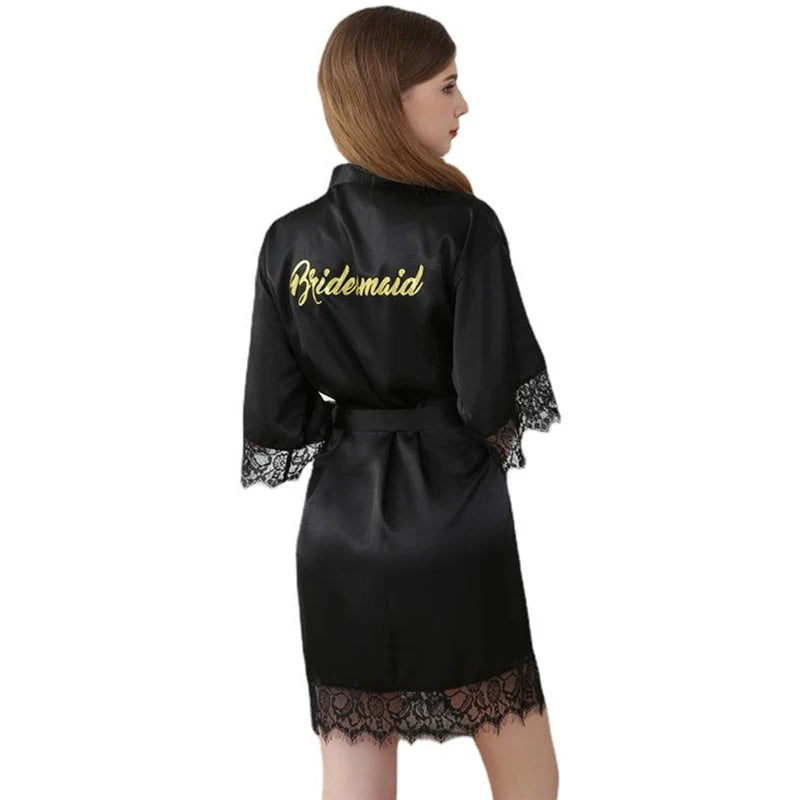 Retail Bridesmaid Gold Glitter Lace Women Satin Kimono Robes Lace Wedding Party Bathrobes Dressing Gown T98