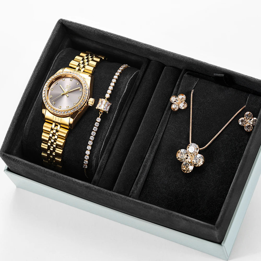 SHENGKE Women Jewelry Set and Watch Montre Jewelry and Watch Sets Hand Bangle Jewelry and Wrist Ladies Watch Set