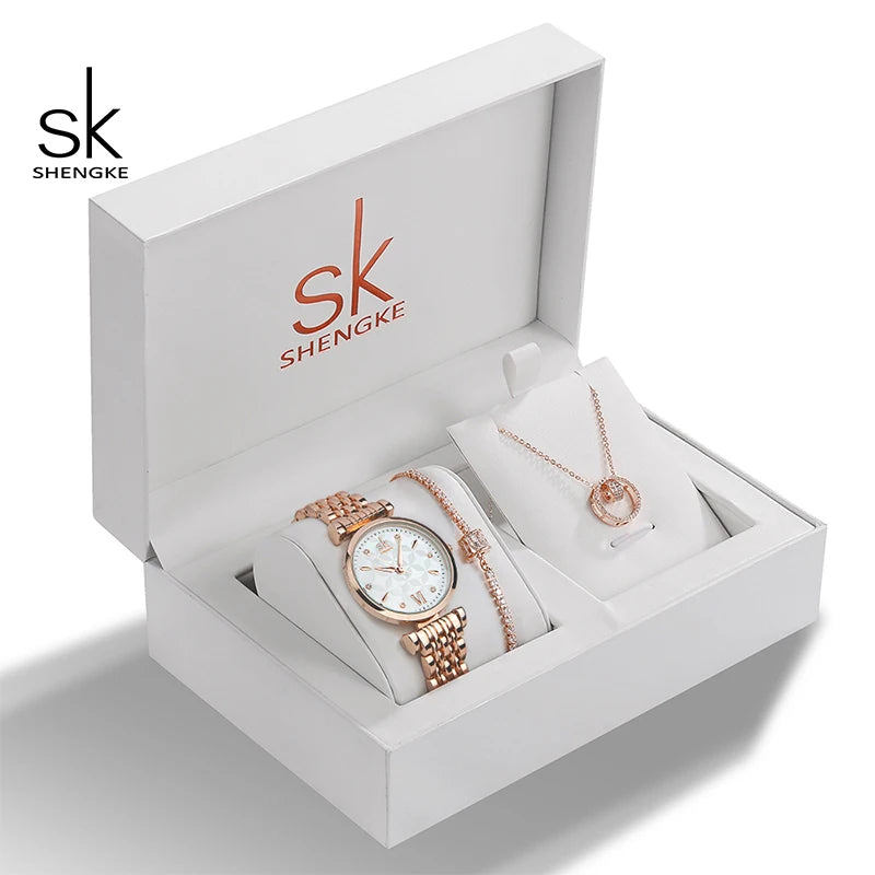 2023 New Shengke Creative Ladies Watch Quartz Luxury  Earrings Necklace SK Watch Women Jewelry Set Gift Fashion Reloj Mujer