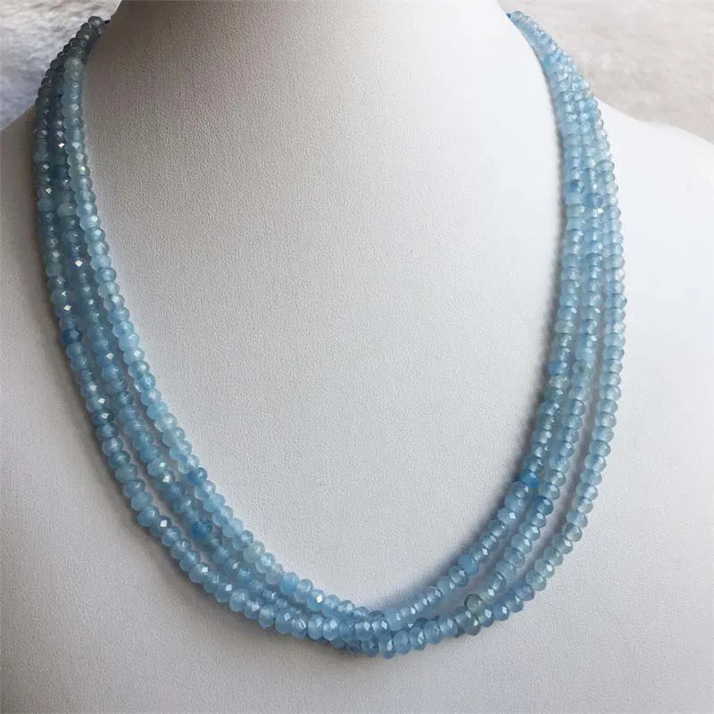 3*4MM Faceted Aquamarine Necklace Vintage Natural Stone Jewelry Noble Elegant Exquisite Beaded Chain Choker Collier