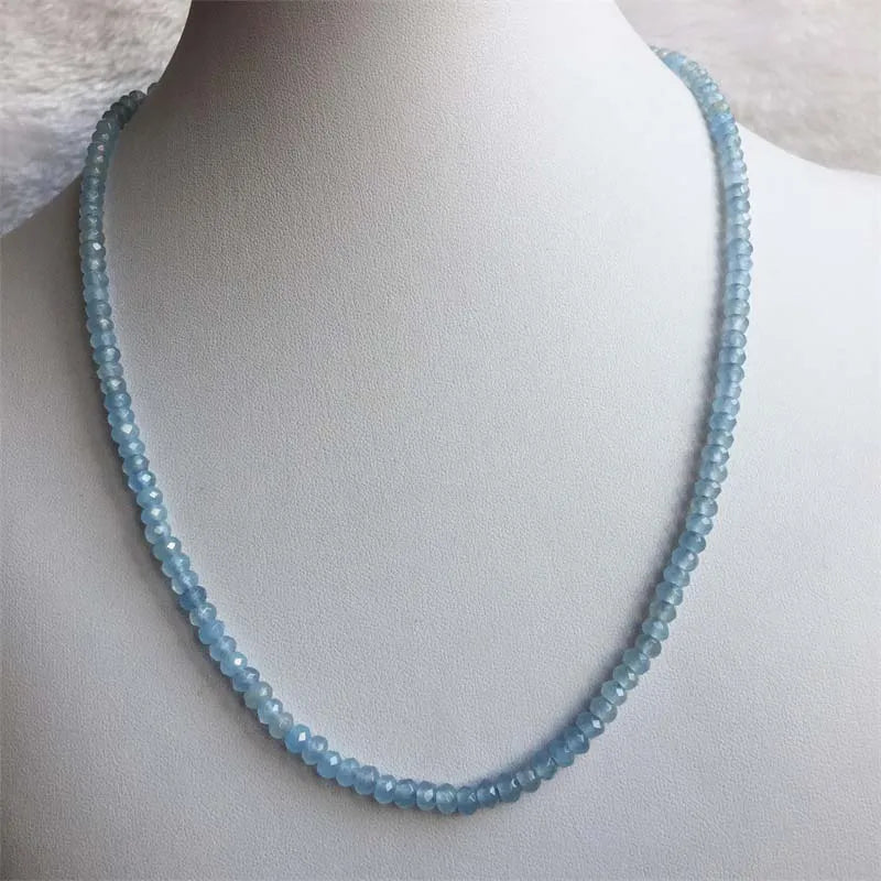 3*4MM Faceted Aquamarine Necklace Vintage Natural Stone Jewelry Noble Elegant Exquisite Beaded Chain Choker Collier
