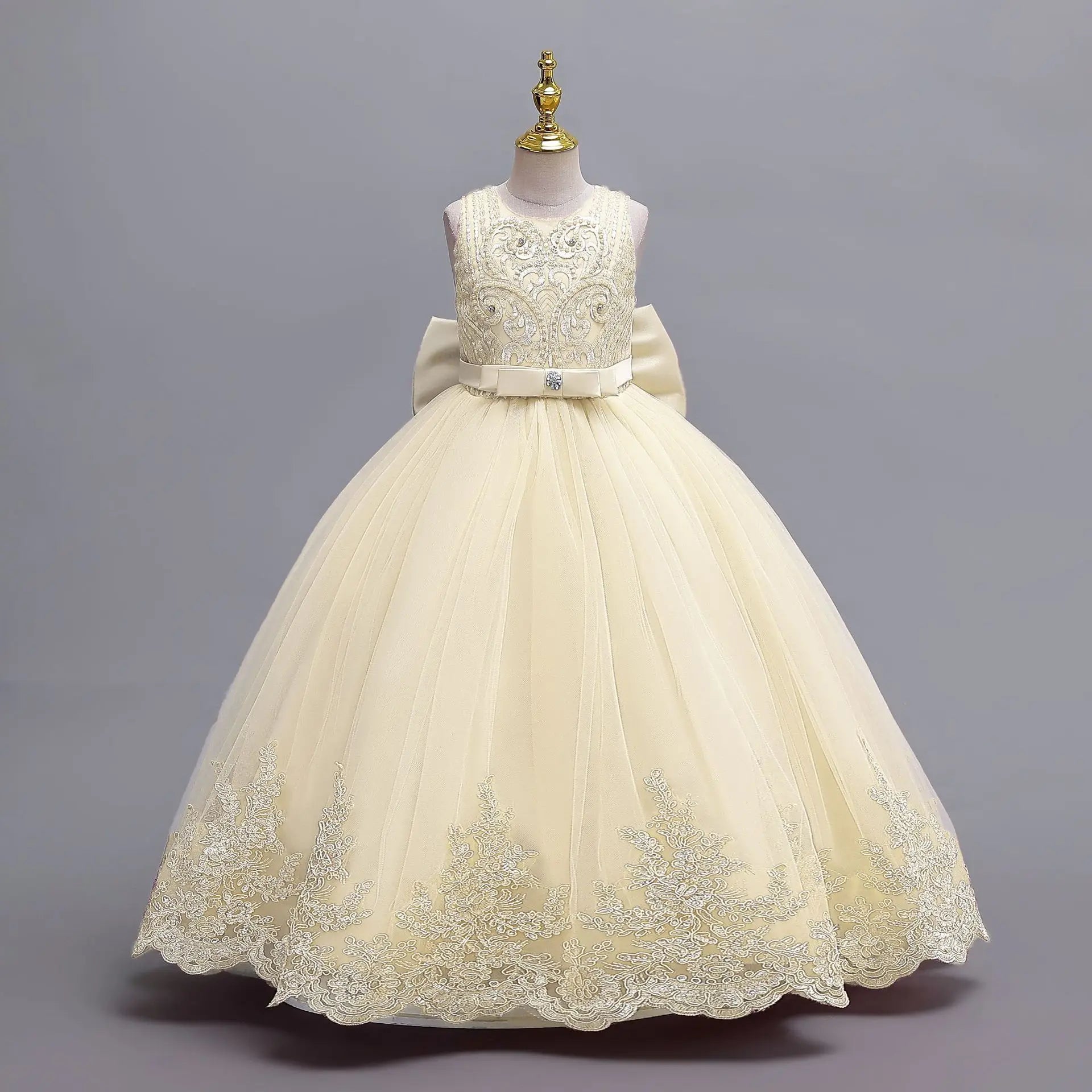 2024 New Girls' Wedding Dress Flower Banquet  Long Dress Girls' Graduation Communion Performance Party Dress with Big Bow