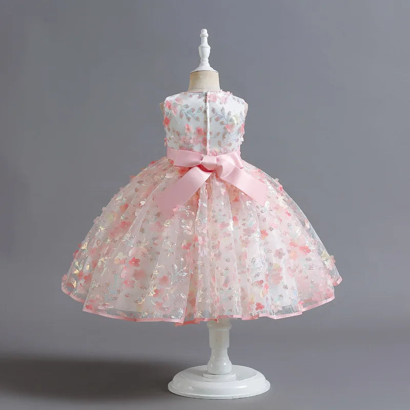 New Cute Butterfly Flower Girls Birthday Wedding Dress Baby Kids Beauty Dress With Bow