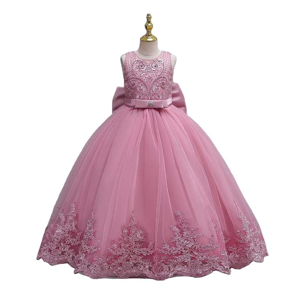 2024 New Girls' Wedding Dress Flower Banquet  Long Dress Girls' Graduation Communion Performance Party Dress with Big Bow