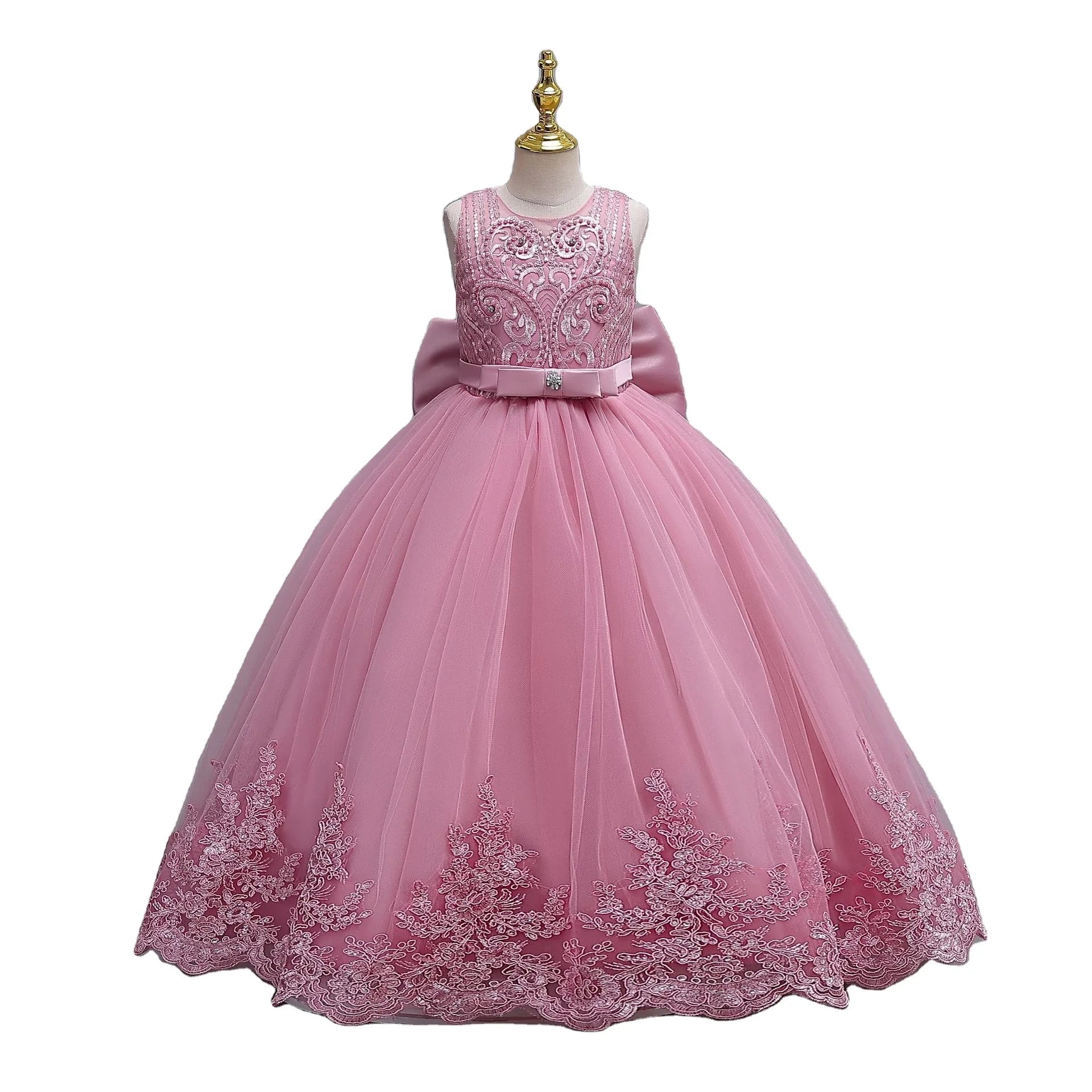 2024 New Girls' Wedding Dress Flower Banquet  Long Dress Girls' Graduation Communion Performance Party Dress with Big Bow