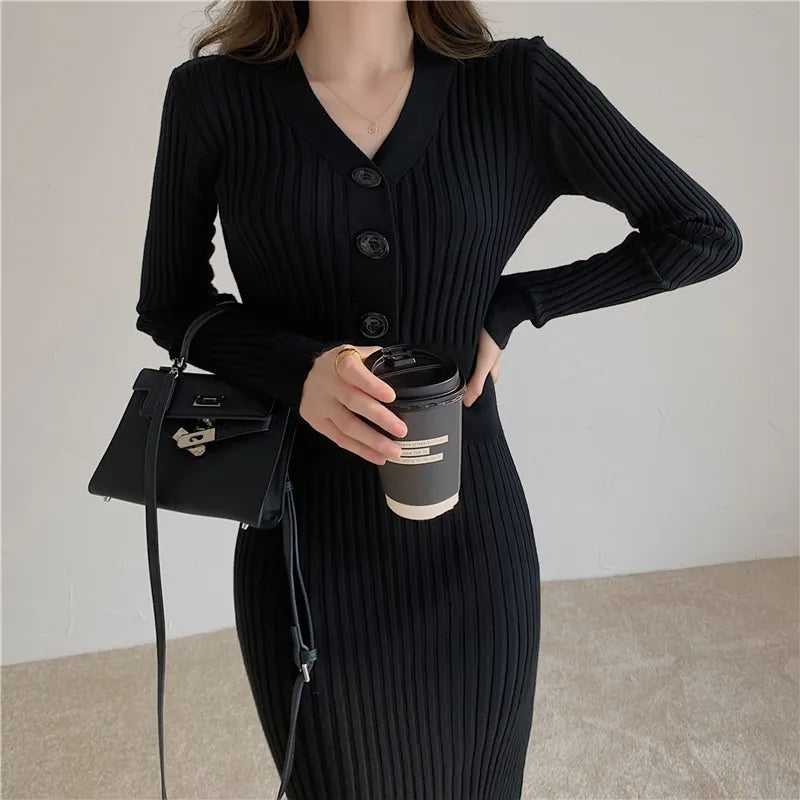 Knitted Long Sleeve Dress Women 2021 Slim Bodycon Autumn Korean Elegant Fall Winter Button V Neck Sweater Midi Ribbed Dress C216