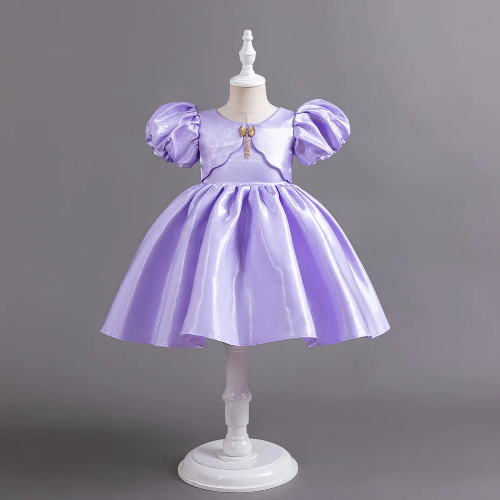 Baby Kids Girls Birthday Wedding Dress Princess Bubble Sleeve Pearl Satin Dress Pageant Baptism Cake Smash Photoshoot Gown