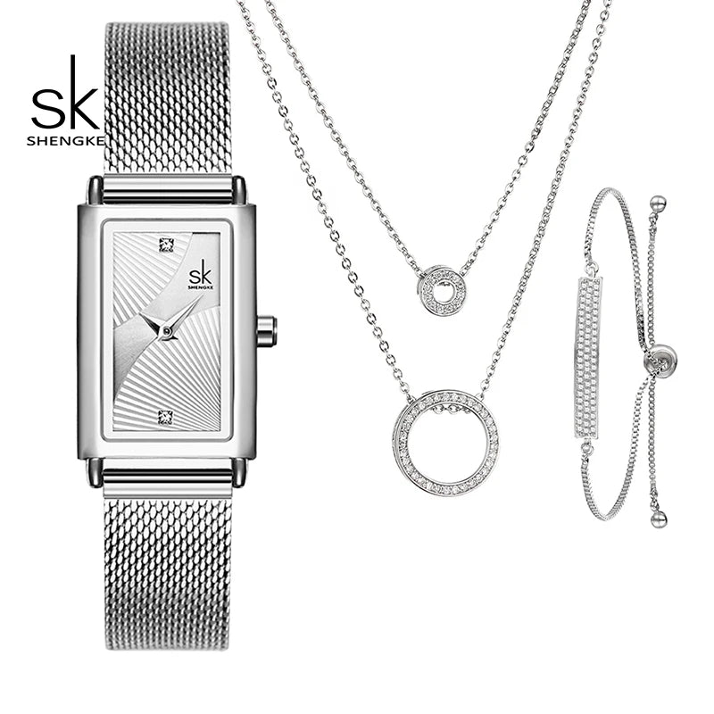 2023 New Shengke Creative Ladies Watch Quartz Luxury  Earrings Necklace SK Watch Women Jewelry Set Gift Fashion Reloj Mujer