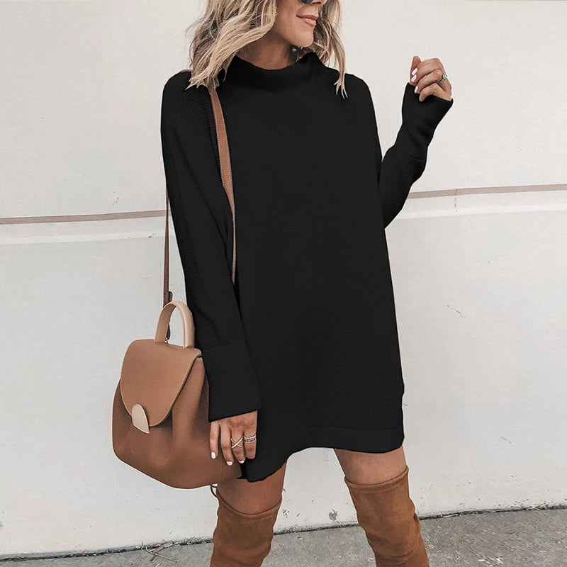 Customizable Turtleneck Loose Winter Dress Women Autumn Long Sleeve Solid Casual Sexy Mini Dress Female T Shirt Dress