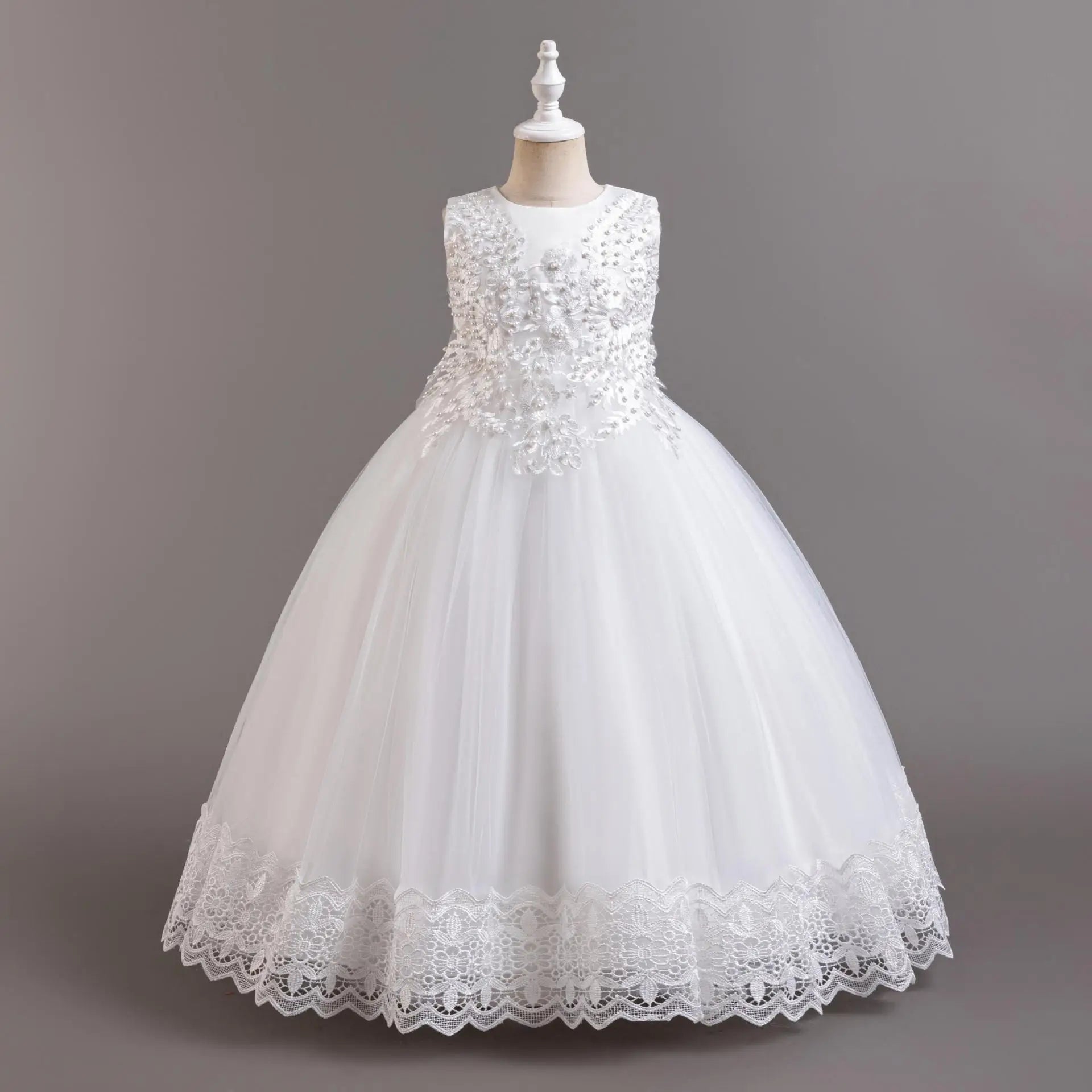 2024 New Elegant Girl Wedding Dress Embroidered Mesh Princess Dress 4-12 Year Old Girl Graduation Party Prom Evening Dress