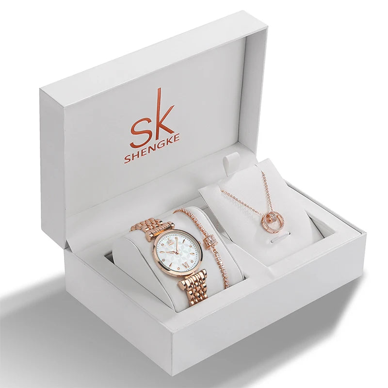 2023 New Shengke Creative Ladies Watch Quartz Luxury  Earrings Necklace SK Watch Women Jewelry Set Gift Fashion Reloj Mujer