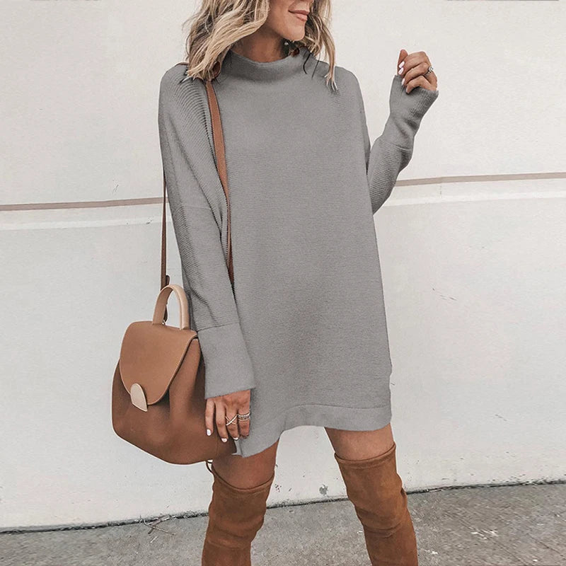 Customizable Turtleneck Loose Winter Dress Women Autumn Long Sleeve Solid Casual Sexy Mini Dress Female T Shirt Dress
