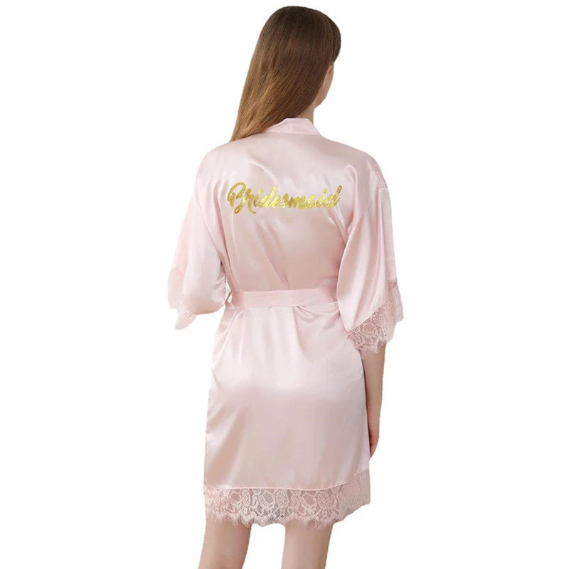 Retail Bridesmaid Gold Glitter Lace Women Satin Kimono Robes Lace Wedding Party Bathrobes Dressing Gown T98