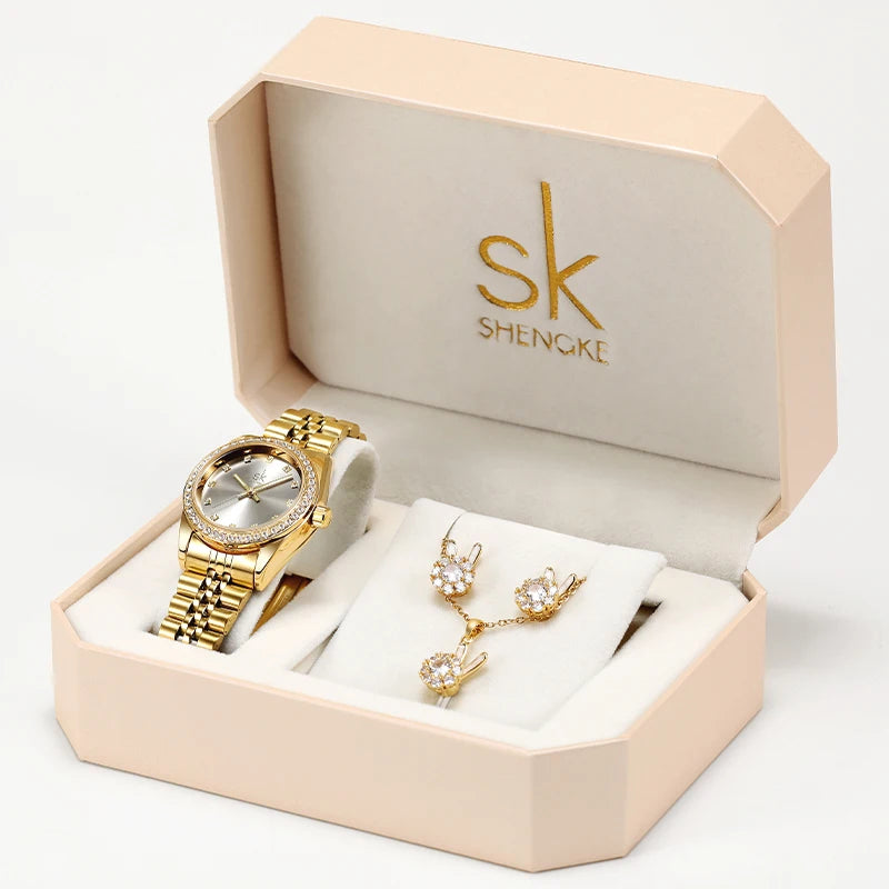 SHENGKE Women Watch Jewelry Gift Box Fashion Femme Luxury Kol Saati Ladies Watch Set Watch Set for Women Gift Set