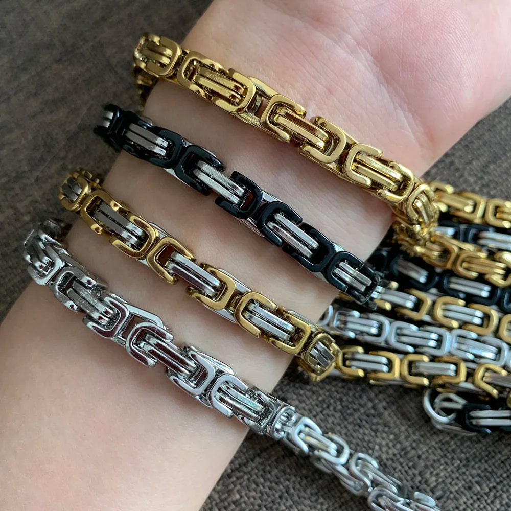 4MM 5MM 6MM 8MM Stainless Steel Byzantine Chains Necklaces Bracelets Set For Men Women Chain Jewelry Gifts Statement USENSET