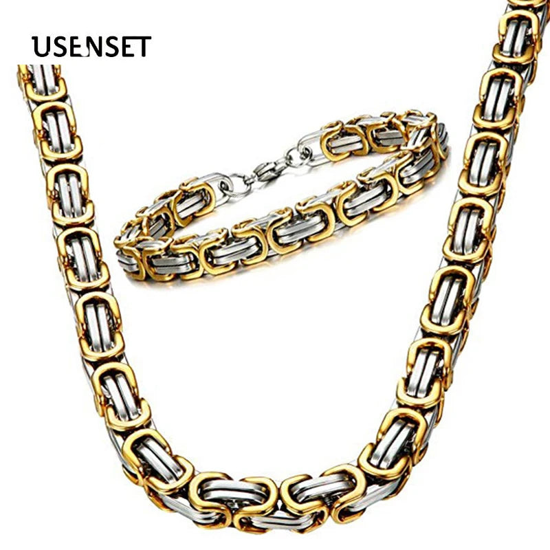 4MM 5MM 6MM 8MM Stainless Steel Byzantine Chains Necklaces Bracelets Set For Men Women Chain Jewelry Gifts Statement USENSET