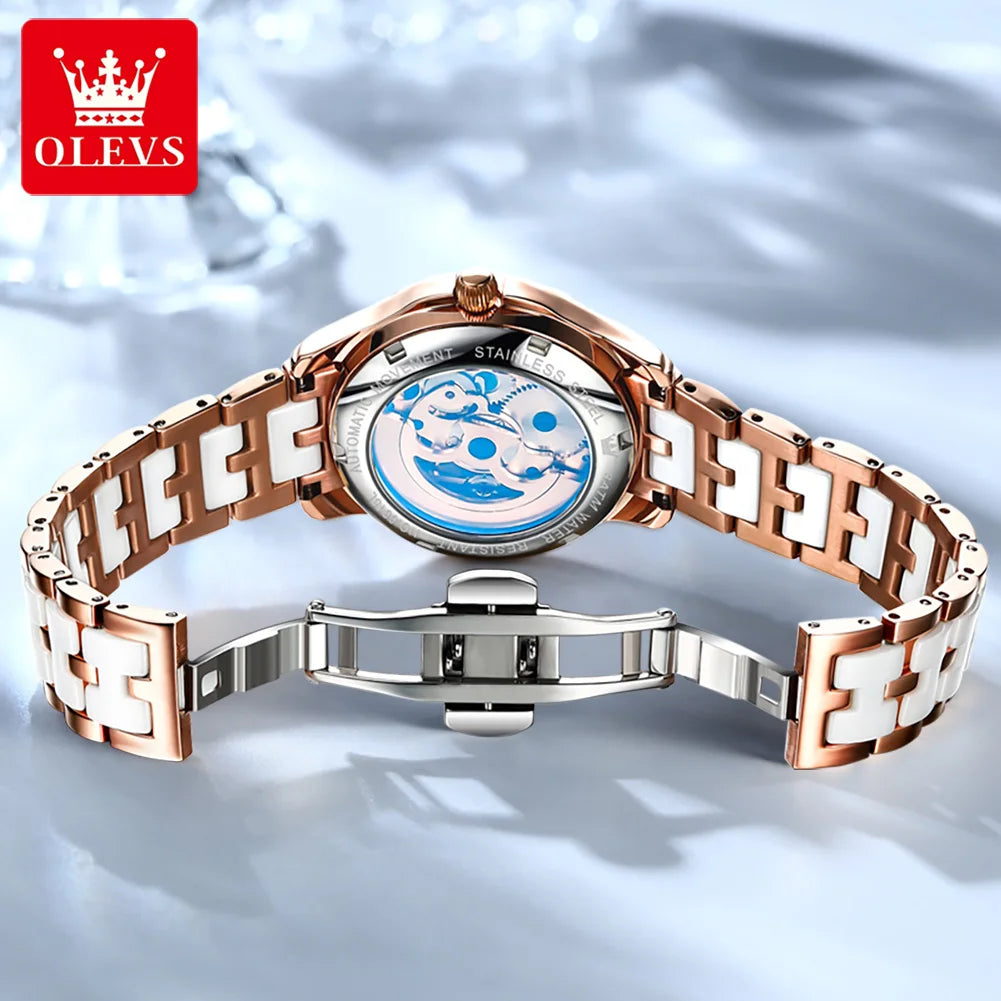 OLEVS  6615 Mechanical for Women Ceramic Blue Strap Original Wristwatch Skeleton Automatic Diamond Elegant Ladies Watch