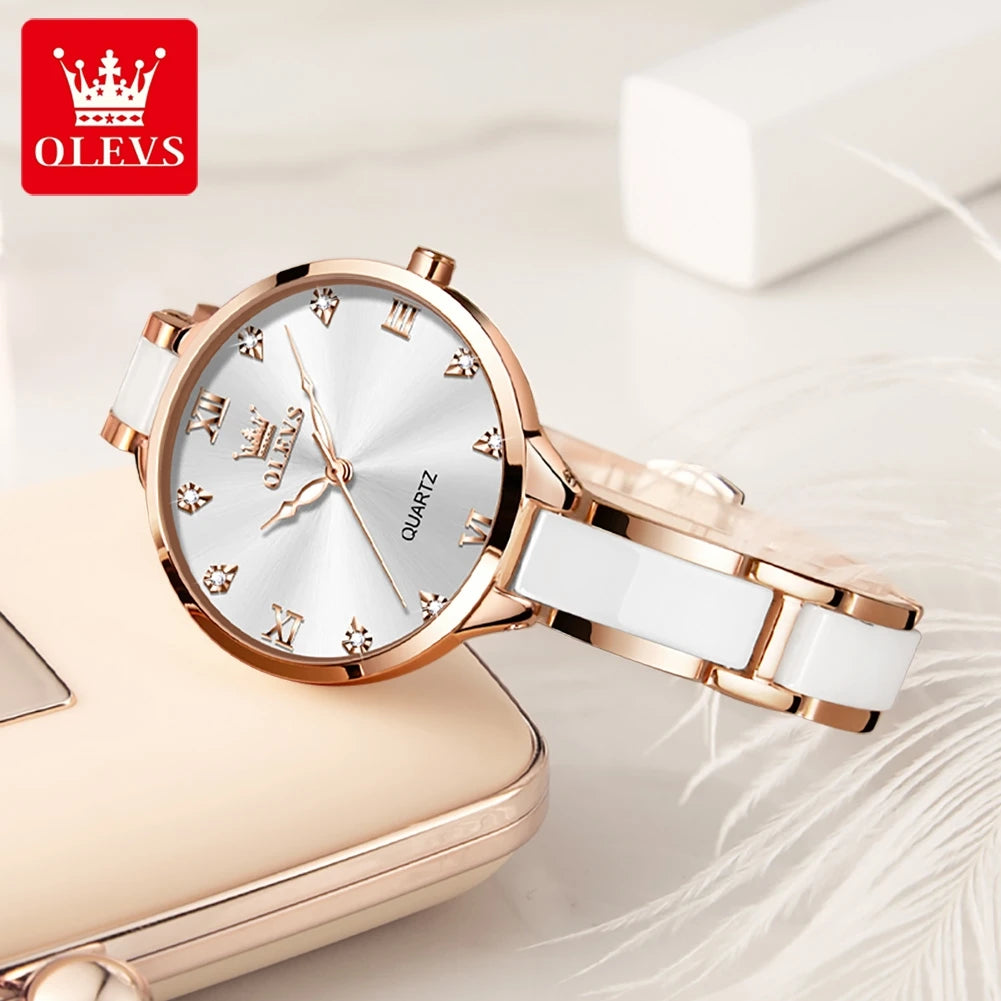 OLEVS 5872 Ceramic Watch Luxury Women Watches Quartz Ladies Watch Waterproof Rose Gold Stainless Steel Wristwatch