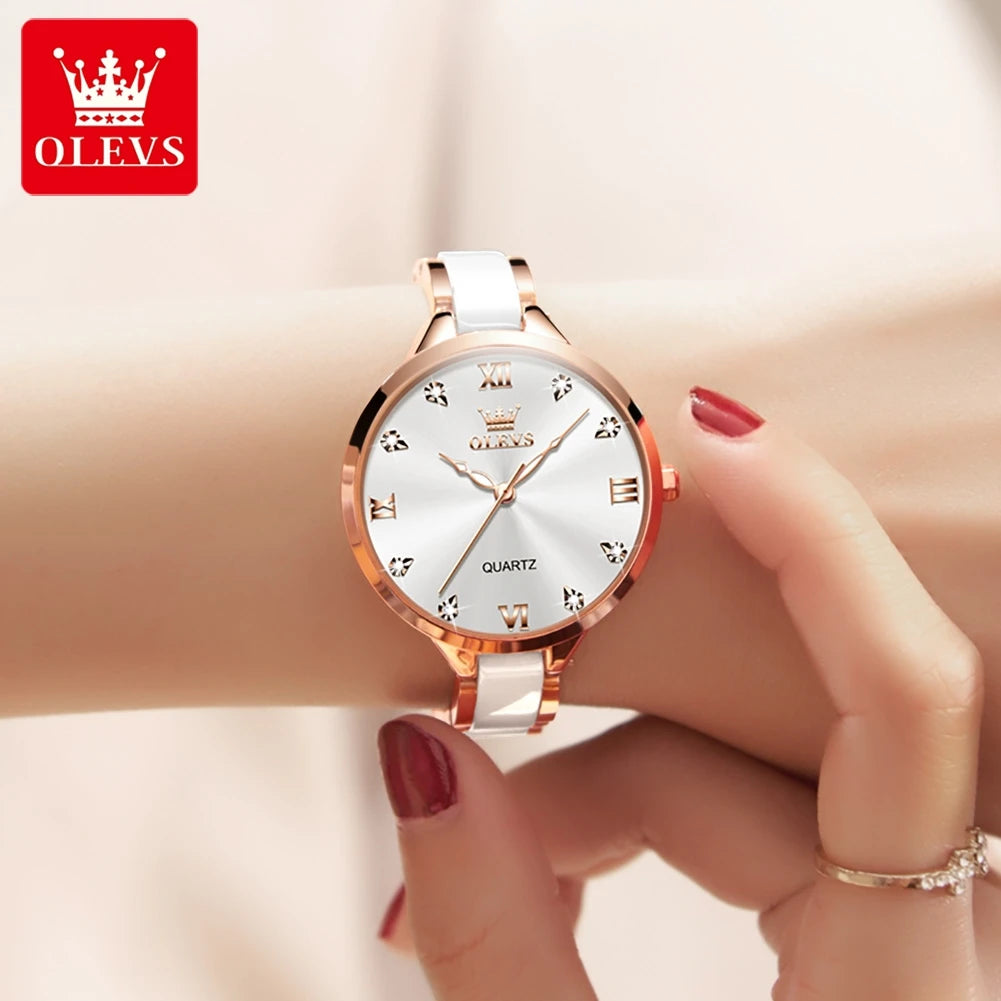 OLEVS 5872 Ceramic Watch Luxury Women Watches Quartz Ladies Watch Waterproof Rose Gold Stainless Steel Wristwatch