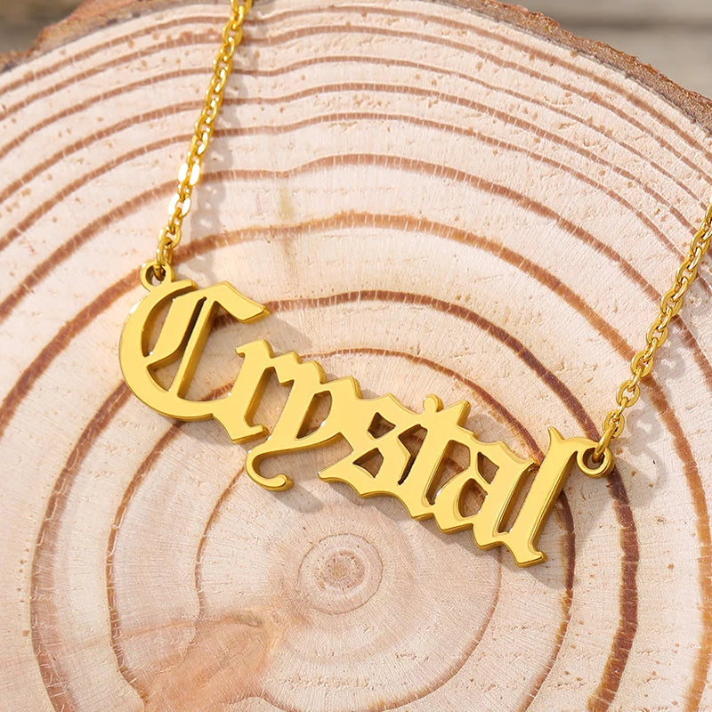 Custom Name Necklace For Women Personalized Old English Style Nameplate Pendant Stainless Steel Chain Choker Boho Jewelry bijoux