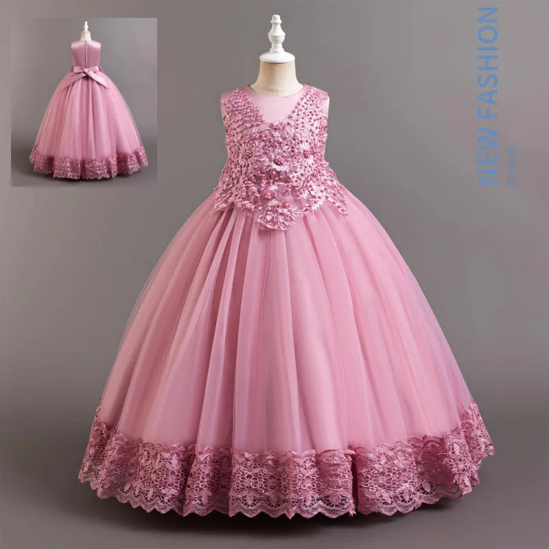 2024 New Elegant Girl Wedding Dress Embroidered Mesh Princess Dress 4-12 Year Old Girl Graduation Party Prom Evening Dress