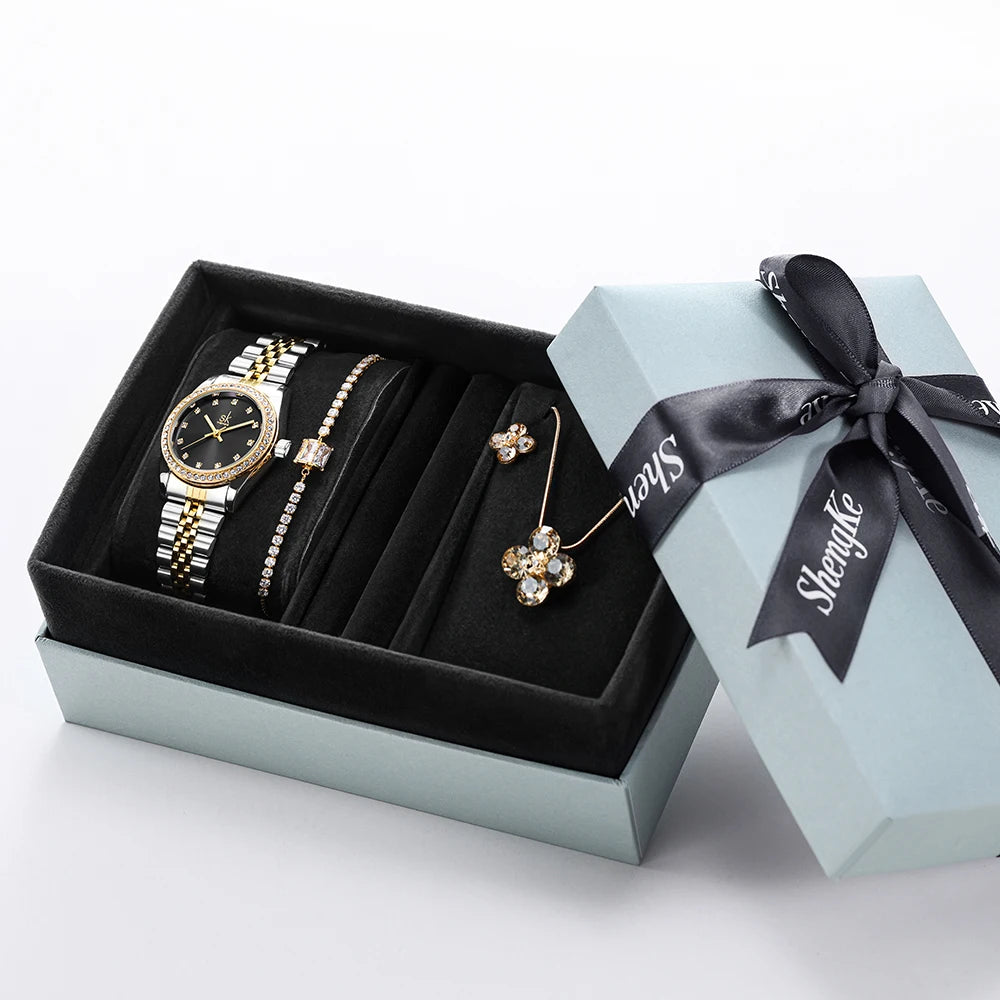 SHENGKE Women Jewelry Set and Watch Montre Jewelry and Watch Sets Hand Bangle Jewelry and Wrist Ladies Watch Set