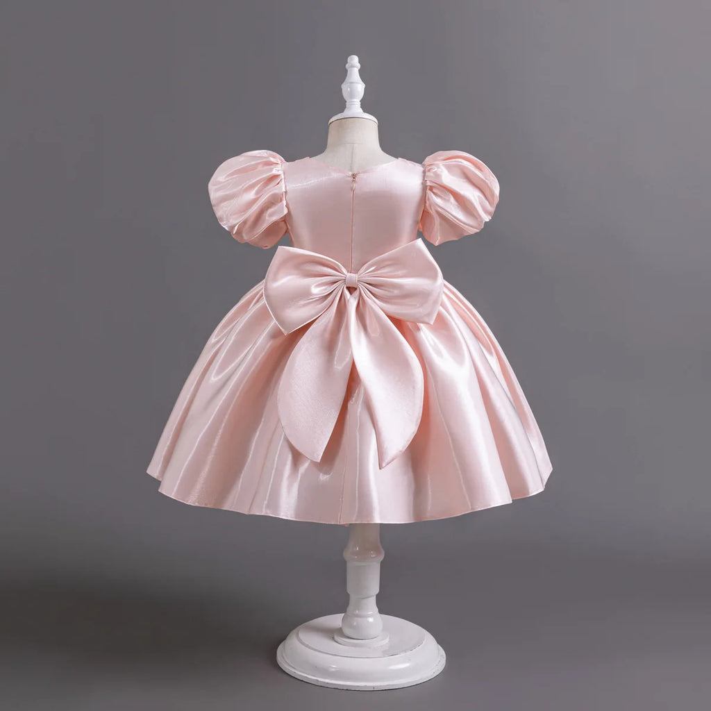 Baby Kids Girls Birthday Wedding Dress Princess Bubble Sleeve Pearl Satin Dress Pageant Baptism Cake Smash Photoshoot Gown