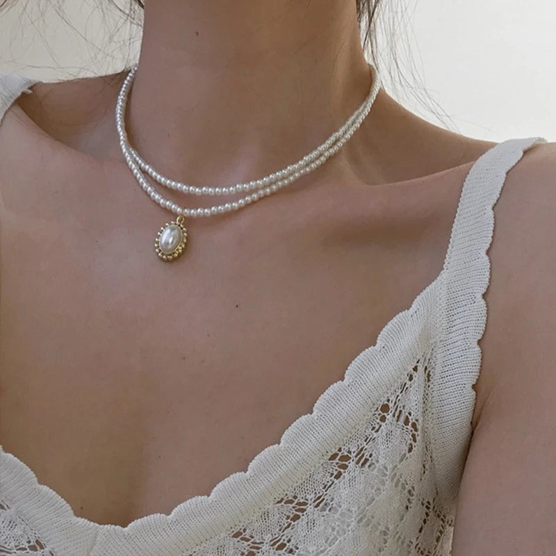 Vienkim Layered Pearl Choker Colar Thick Chains with Pendant Necklace for Women Fashion Choker Necklace on Neck 2021 Jewelry