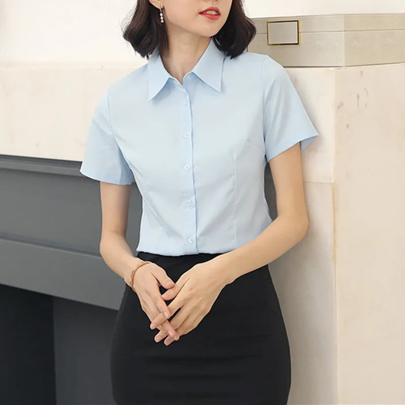 Fashion Woman Blouses 2023 V-neck Short Sleeve Solid Work Shirts Tops Pretty and Cheap Women's Blouse OL White Female clothing