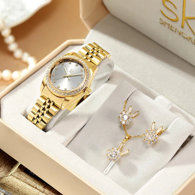 SHENGKE Women Watch Jewelry Gift Box Fashion Femme Luxury Kol Saati Ladies Watch Set Watch Set for Women Gift Set