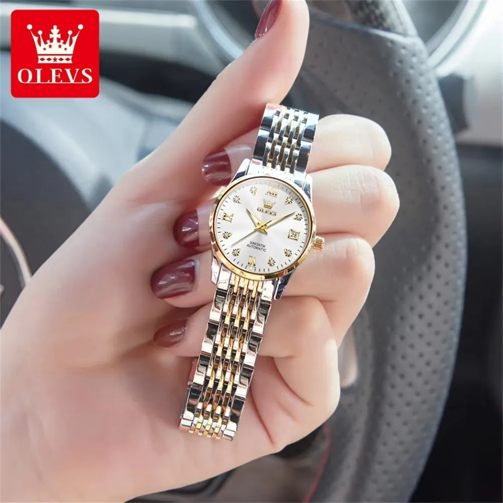 OLEVS 6673 Diamond Dial Mechanical Watch for Women Simple Fashion Classic Calendar Women's Automatic Watch Ladies Watch