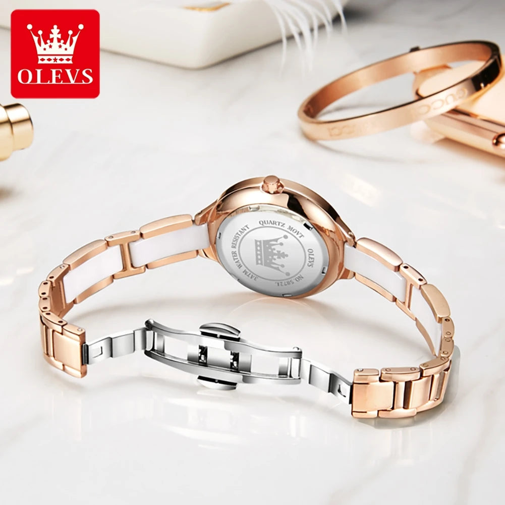 OLEVS 5872 Ceramic Watch Luxury Women Watches Quartz Ladies Watch Waterproof Rose Gold Stainless Steel Wristwatch