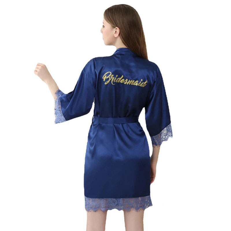 Retail Bridesmaid Gold Glitter Lace Women Satin Kimono Robes Lace Wedding Party Bathrobes Dressing Gown T98