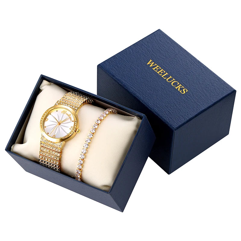 WEELUCKS High Quality Ladies Quartz Watch Bracelet Set Diamond Waterproof Casual Sports Business Ladies Watch Set