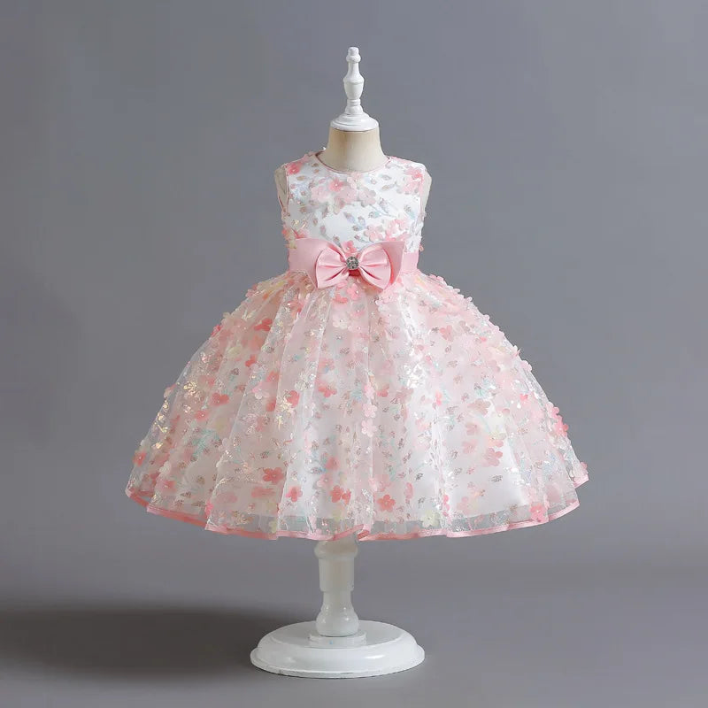 New Cute Butterfly Flower Girls Birthday Wedding Dress Baby Kids Beauty Dress With Bow