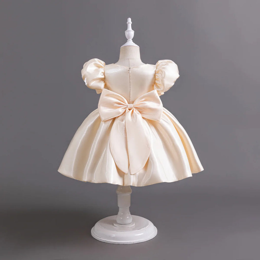 Baby Kids Girls Birthday Wedding Dress Princess Bubble Sleeve Pearl Satin Dress Pageant Baptism Cake Smash Photoshoot Gown
