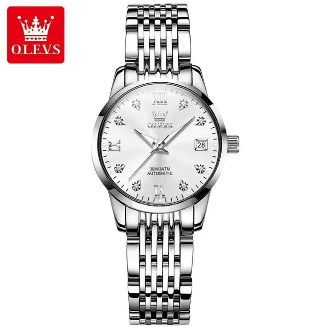 OLEVS 6673 Diamond Dial Mechanical Watch for Women Simple Fashion Classic Calendar Women's Automatic Watch Ladies Watch